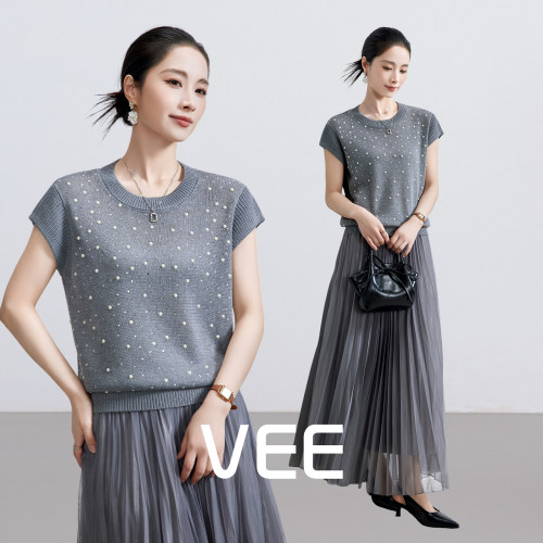 VEE珍珠镶钻针织T恤女夏显瘦