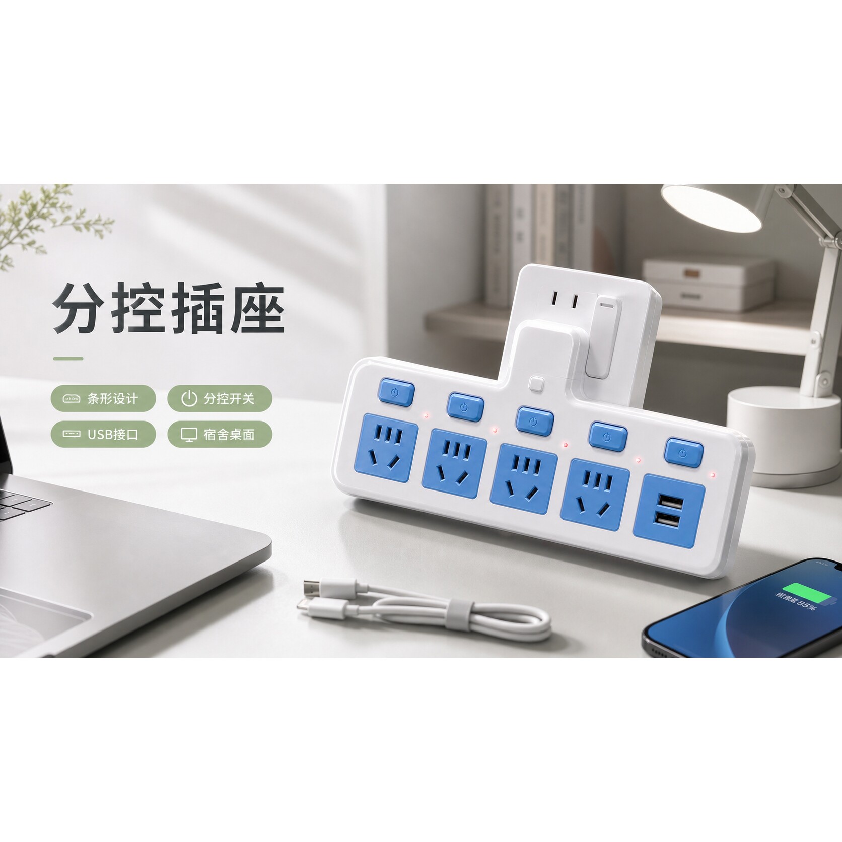 官方公矢条形分控开关插座国标转换插头宿舍家用桌面插排插线板多