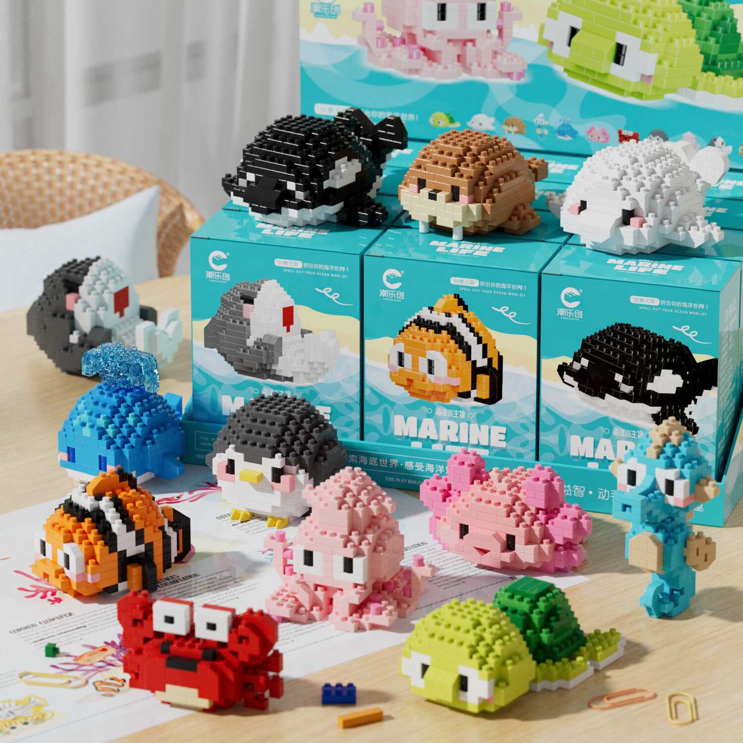 海洋动物小颗粒积木乌龟螃蟹鲨鱼拼装玩具益智拼图男女孩礼物奖品