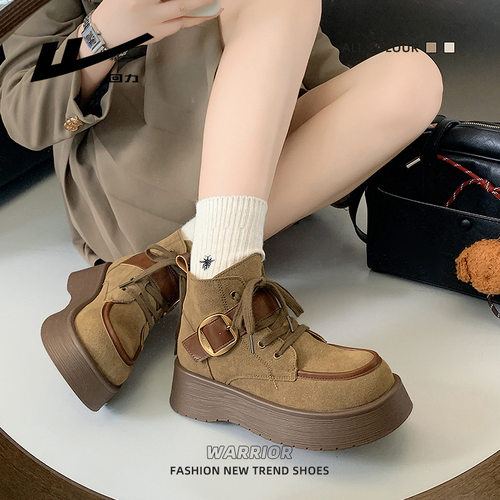 复古英伦风纯色短靴厚底鞋搭扣秋季新款马丁靴子百搭磨砂小个子鞋