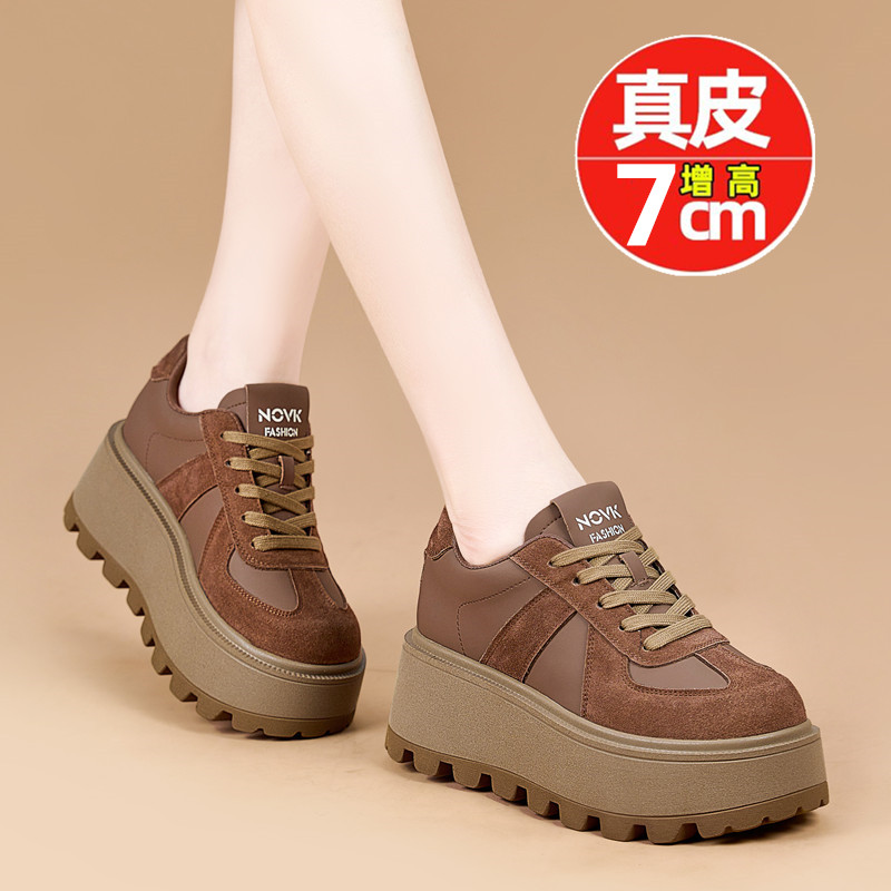 真皮复古德训鞋女厚底小个子女鞋