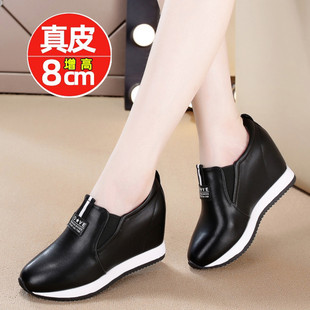 女鞋 坡跟一脚蹬单鞋 2025秋冬新款 休闲鞋 百搭韩版 真皮内增高小白鞋