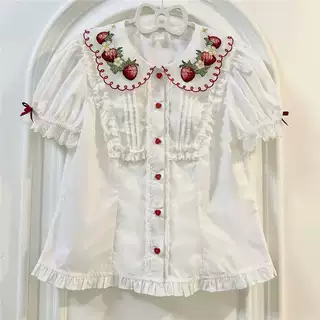 心动玩偶草莓园内搭lolita裙娃娃领洛丽塔甜美短袖蕾丝百搭衬衫