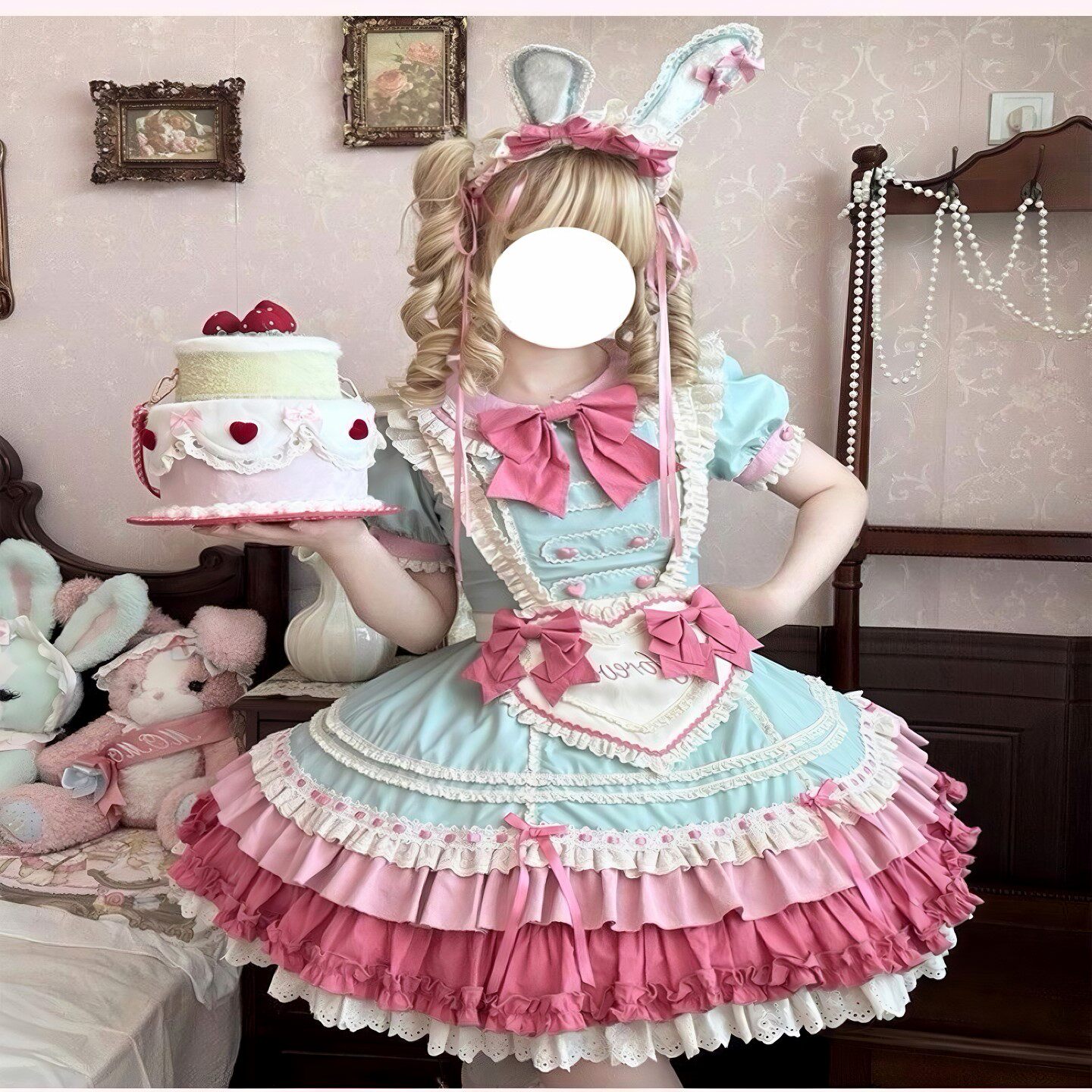 垂耳兔粉绿撞色心动玩偶原创设计现货Lolita裙片裁女仆甜lo裙