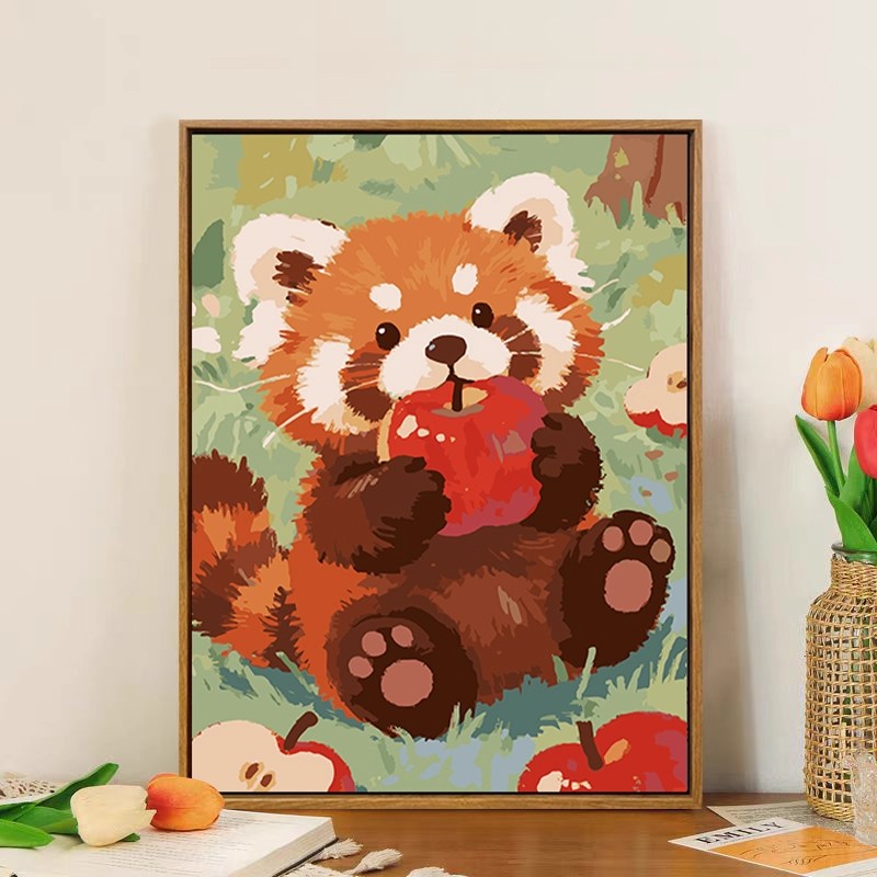 可爱小熊猫浣熊成品装饰画仿油画小动物温馨治愈卧室儿童房摆挂画图片