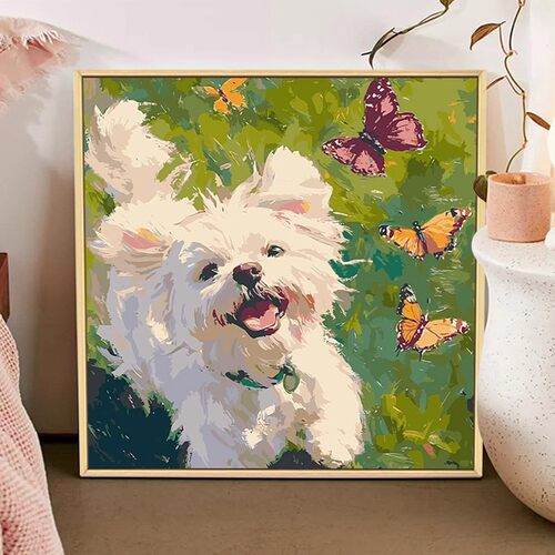 潦草小狗可爱比熊成品装饰画仿油画温馨治愈欧式卧室客厅餐厅挂画
