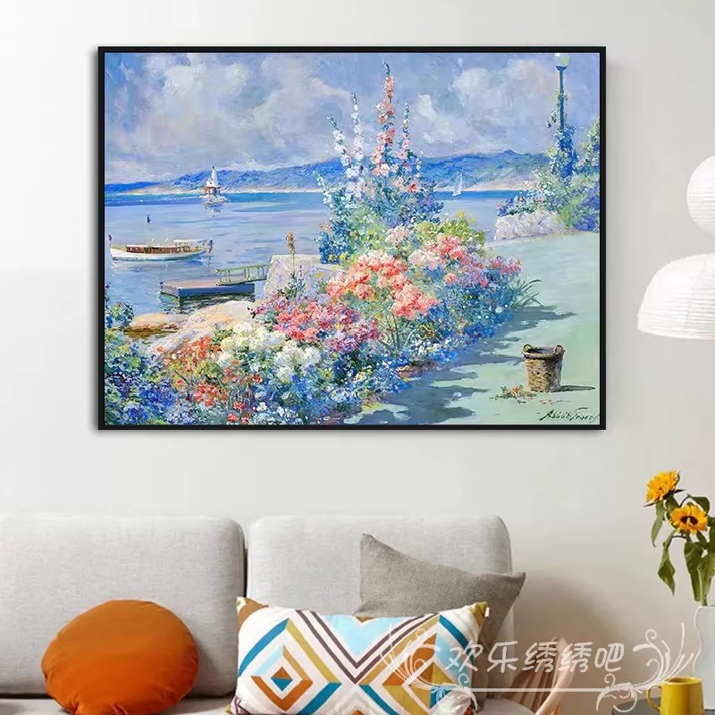 玫瑰港湾复古花卉装饰画成品仿油画风景唯美高级感卧室客厅摆挂画图片