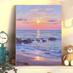 海边沙滩装饰画风景唯美治愈大海日出日落仿油画成品卧室客厅挂画