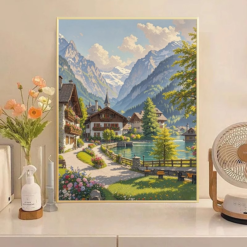 瑞士小镇欧式田园装饰画成品仿油画风景唯美高级感卧室客厅摆挂画图片
