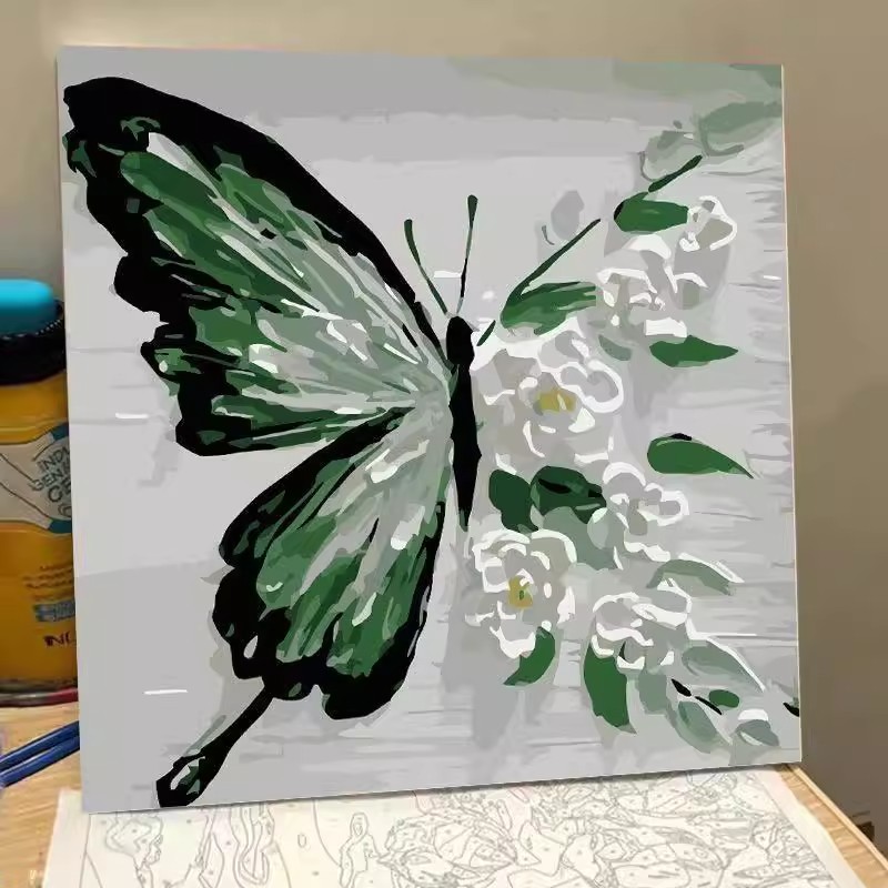绿色蝴蝶玫瑰花卉装饰画成品仿油画风景方形唯美治愈卧室客厅挂画图片