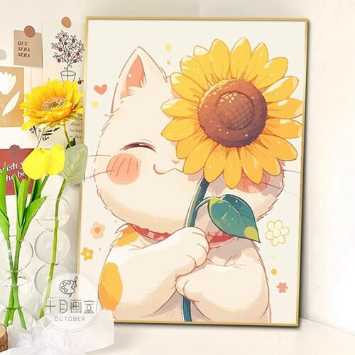 小猫咪向日葵装饰画2026新款儿童房壁画客厅卡通治愈系餐厅柜挂画