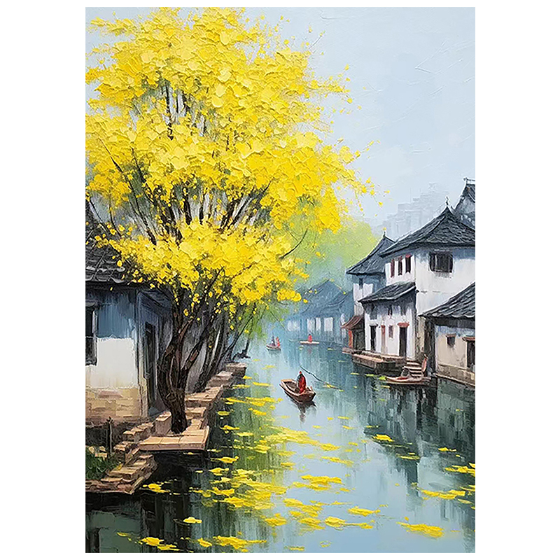 江南水乡装饰画仿油画风景成品中国古风建筑小清新卧室客厅摆挂画图片