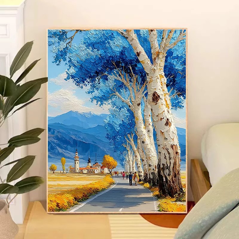 蓝调漫步装饰画成品仿油画风景治愈系唯美小众高级卧室客厅摆挂画