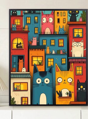 猫咪创意装饰画卡通趣味小众插画简约潮流高级艺术卧室客厅摆挂画