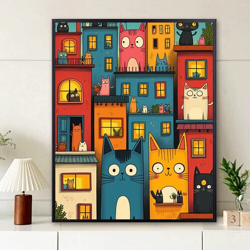 猫咪创意装饰画卡通趣味小众插画简约潮流高级艺术卧室客厅摆挂画