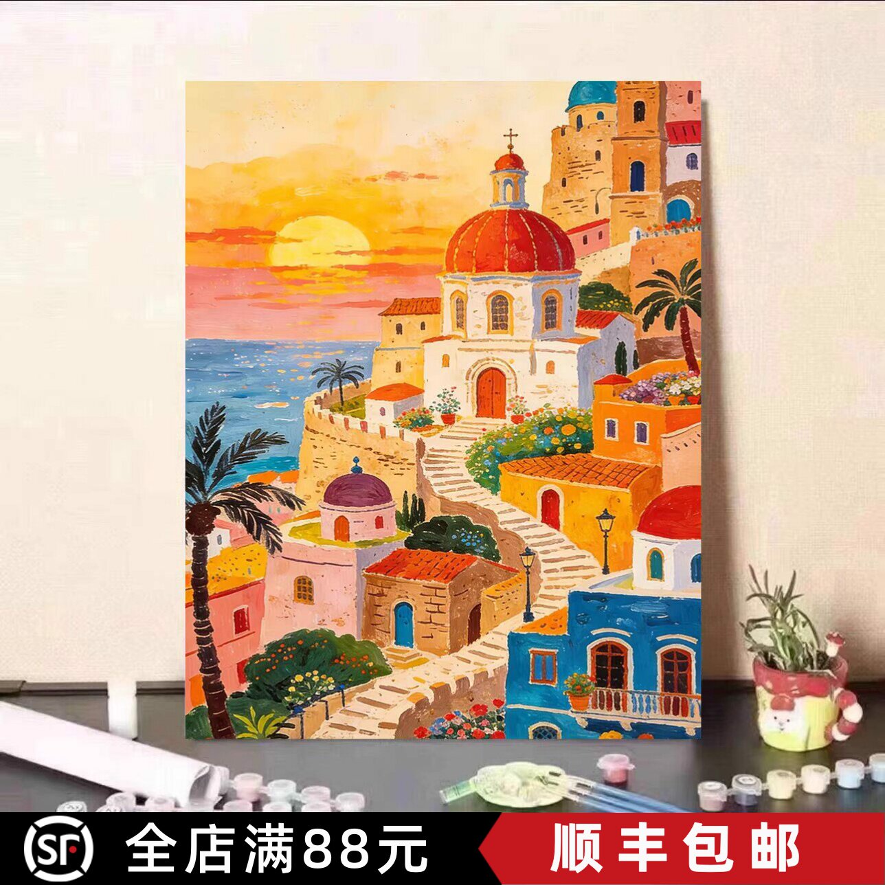 海边黄昏欧式建筑装饰画成品仿油画风景唯美治愈系卧室客厅摆挂画