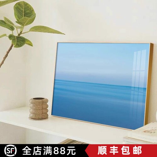 北欧简约蓝色大海装横版饰画唯美仿油画风景高级感卧室客厅摆挂画