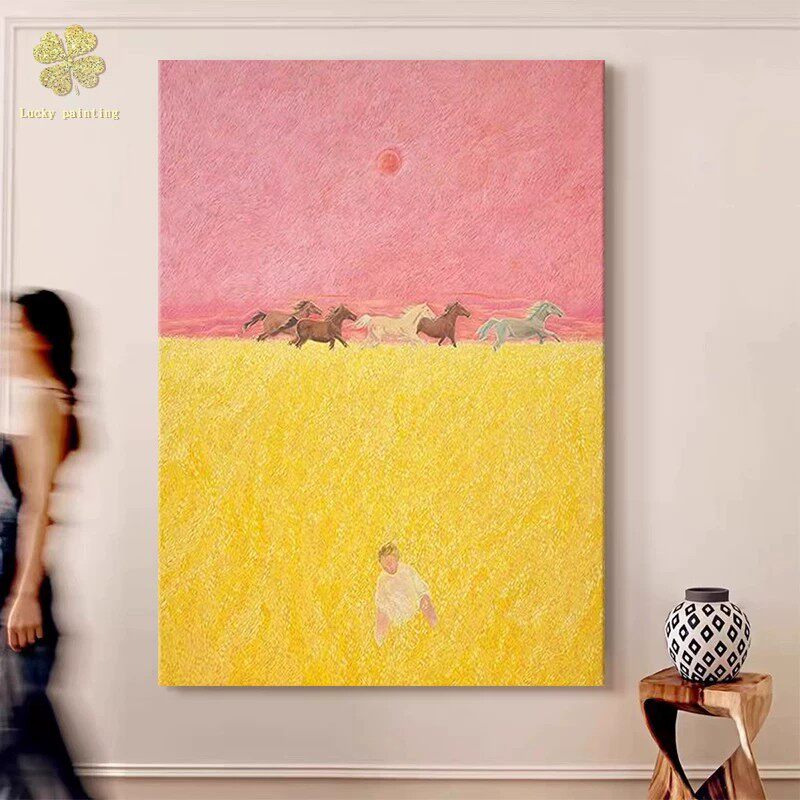 骏马麦田装饰画欧式复古仿油画风景成品唯美高级感卧室客厅摆挂画
