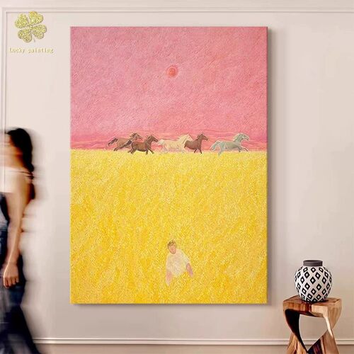 骏马麦田装饰画欧式复古仿油画风景成品唯美高级感卧室客厅摆挂画