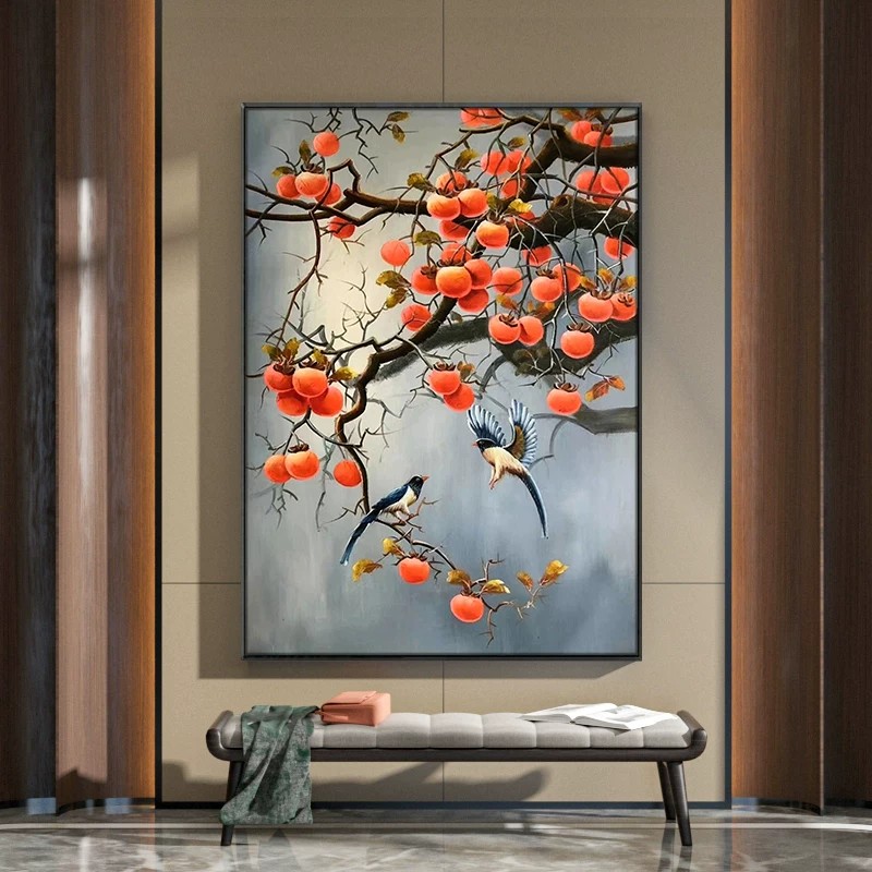万柿如意新中式装饰画成品仿油画国风寓意简约高级卧室客厅摆挂画