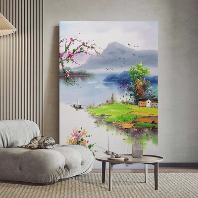 中式江南水乡古风装饰画成品仿油画风景唯美高级感玄关客厅摆挂画