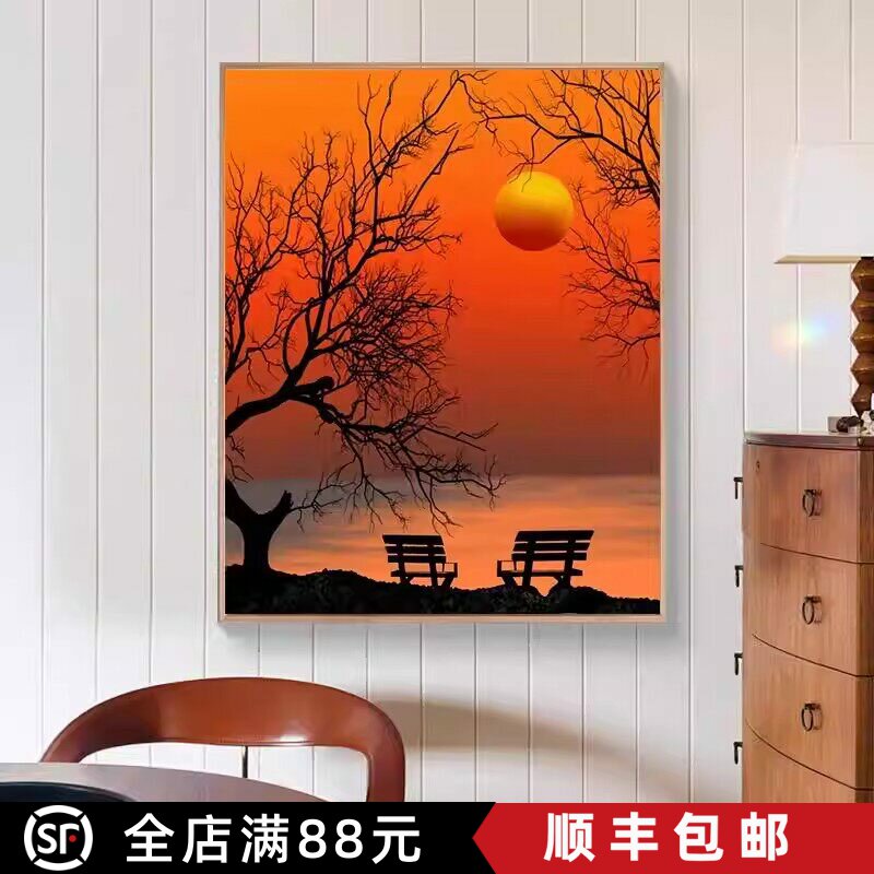 夕阳日落装饰画成品仿油画风景唯美治愈小众高级感卧室客厅摆挂画