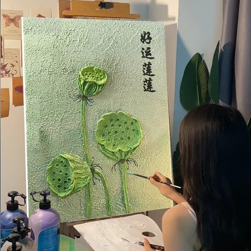 好运莲莲成品装饰画仿油画风景肌理国风寓意美好卧室客厅餐厅挂画