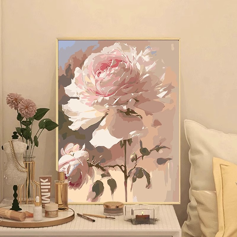 山茶芍药牡丹花卉近景装饰画成品仿油画小众高级感卧室客厅摆挂画图片