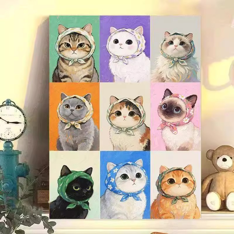 头巾小猫咪装饰画成品仿油画可爱写实现代简约温馨卧室客厅摆挂画
