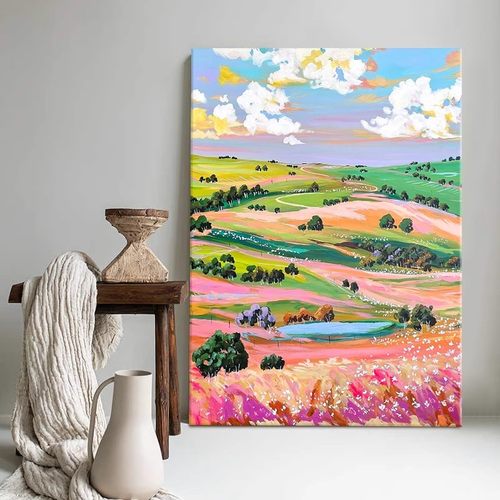 多巴胺卡通装饰画风景仿油画彩色山脉治愈系唯美客厅玄关摆挂画