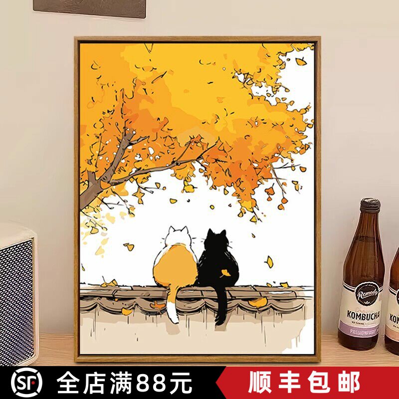 秋日猫咪可爱装饰画成品仿油画风景动物温馨治愈卧室客厅卡通挂画