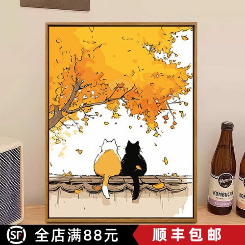 秋日猫咪可爱装饰画成品仿油画风景动物温馨治愈卧室客厅卡通挂画