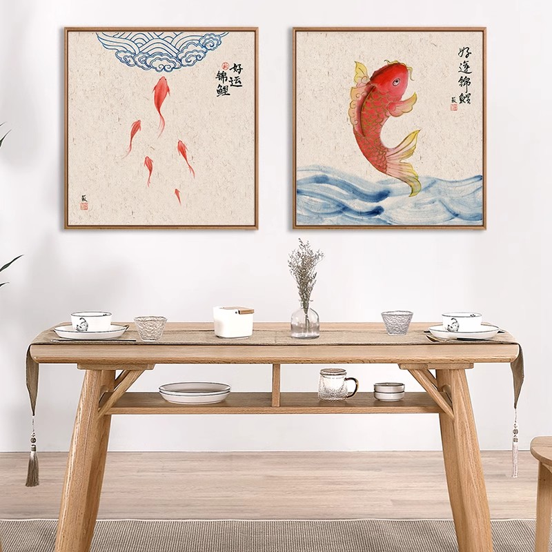 新中式年年有鱼装饰画成品仿油画国风方形寓意简约卧室客厅摆挂画图片