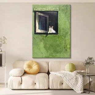 绿色小清新装 饰画可爱猫咪仿油画风景奶油风高级感卧室客厅摆挂画