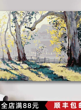 复古森林装饰画成品仿油画风景唯美清新高级感横版卧室客厅摆挂画