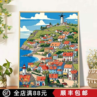 宫崎骏小镇卡通风装饰画仿油画风景成品温馨小清新卧室客厅摆挂画