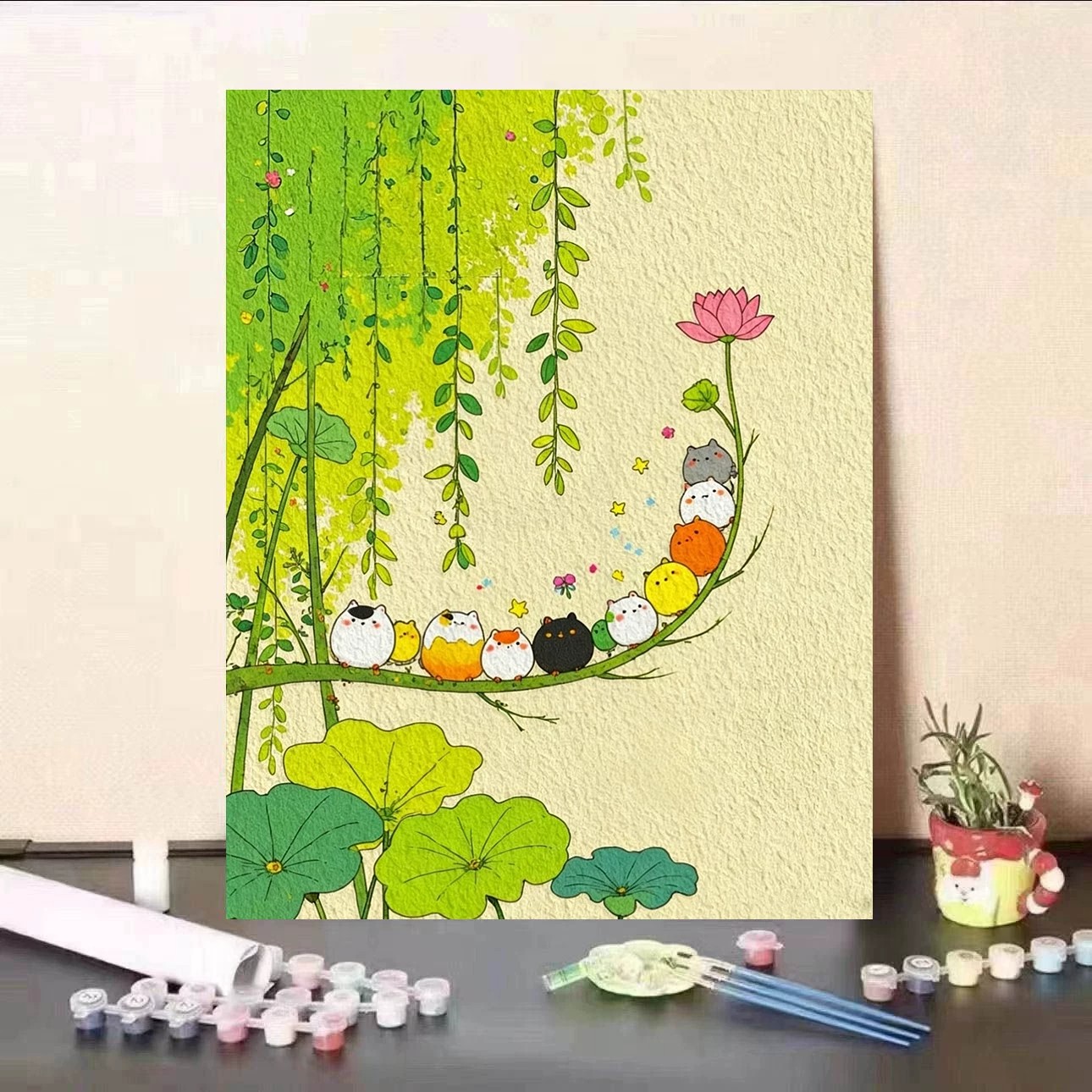 卡通猫咪荷花趣味装饰画小众创意可爱小清新文艺风卧室客厅摆挂画