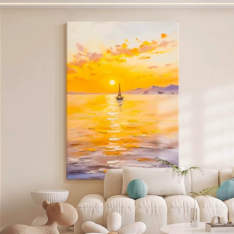 奶油风印象派暖色调日出大海装饰画仿油画唯美帆船卧室客厅摆挂画