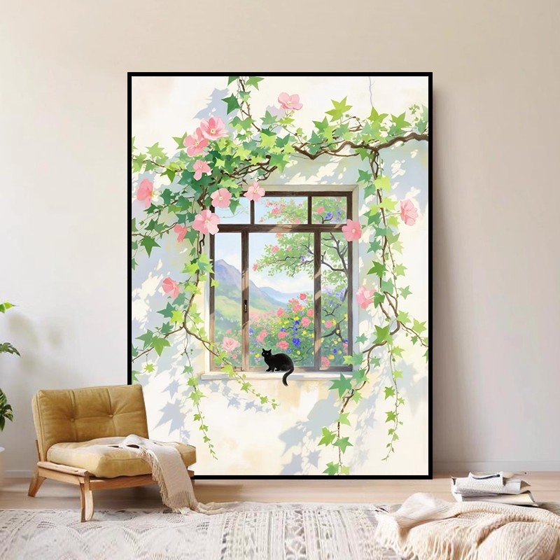 猫卧花窗现代简约装饰画成品仿油画风景小清新唯美卧室客厅摆挂画