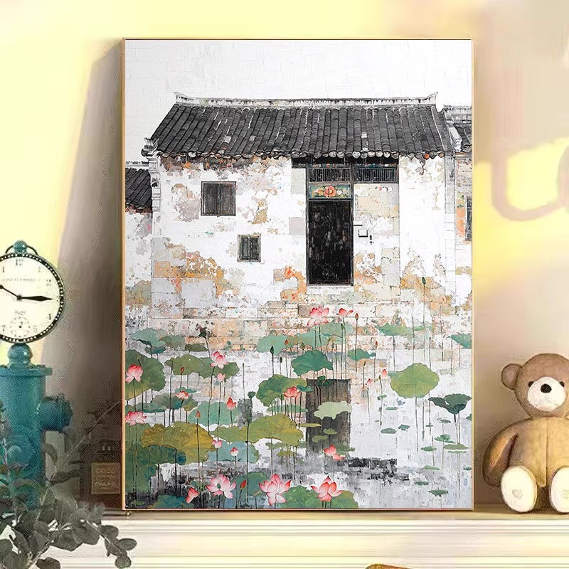 江南水乡国风装饰画成品仿油画风景古典建筑新中式卧室客厅摆挂画图片