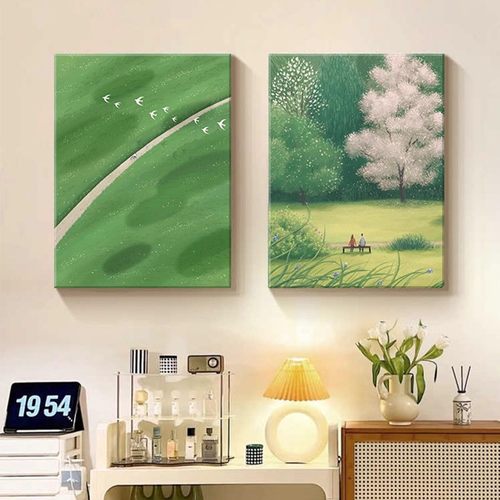 ins风绿色清新装饰画成品仿油画风景唯美治愈小众卧室客厅摆挂画