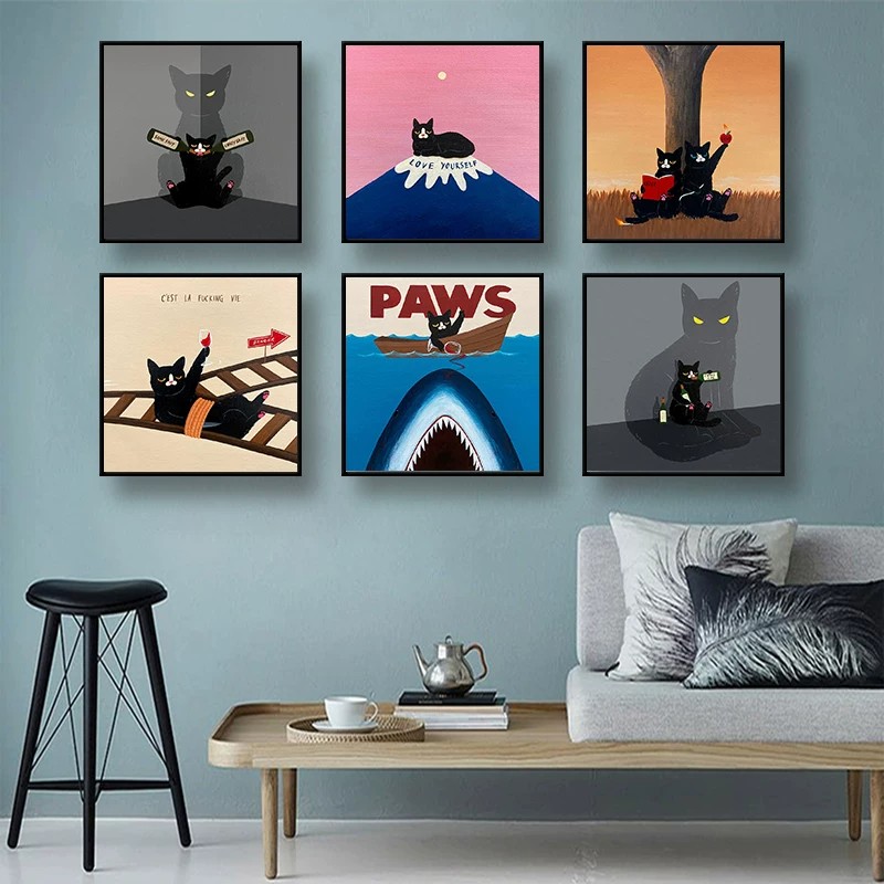 猫咪恶搞挂画卡通插画可爱动物趣味装饰画宠物店油画小众艺术壁画