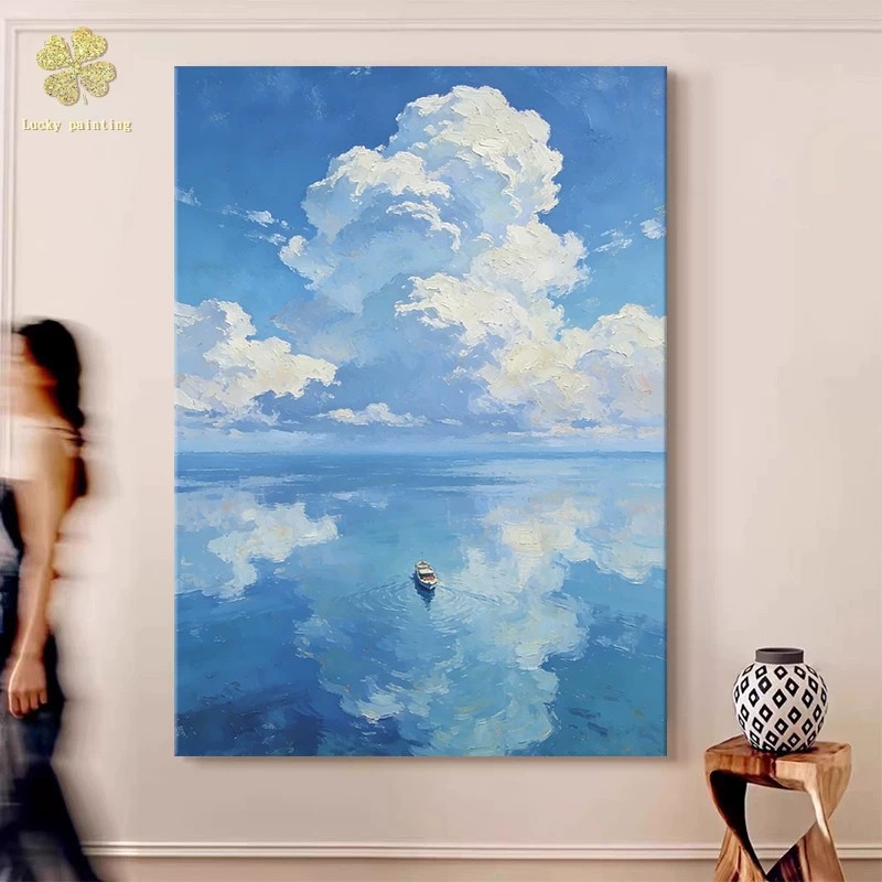 蓝天白云宫崎骏简约装饰画仿油画风景唯美治愈高级卧室客厅摆挂画