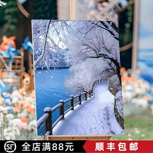 冬日雪景装饰画成品仿油画风景唯美治愈系高级梦幻卧室客厅摆挂画