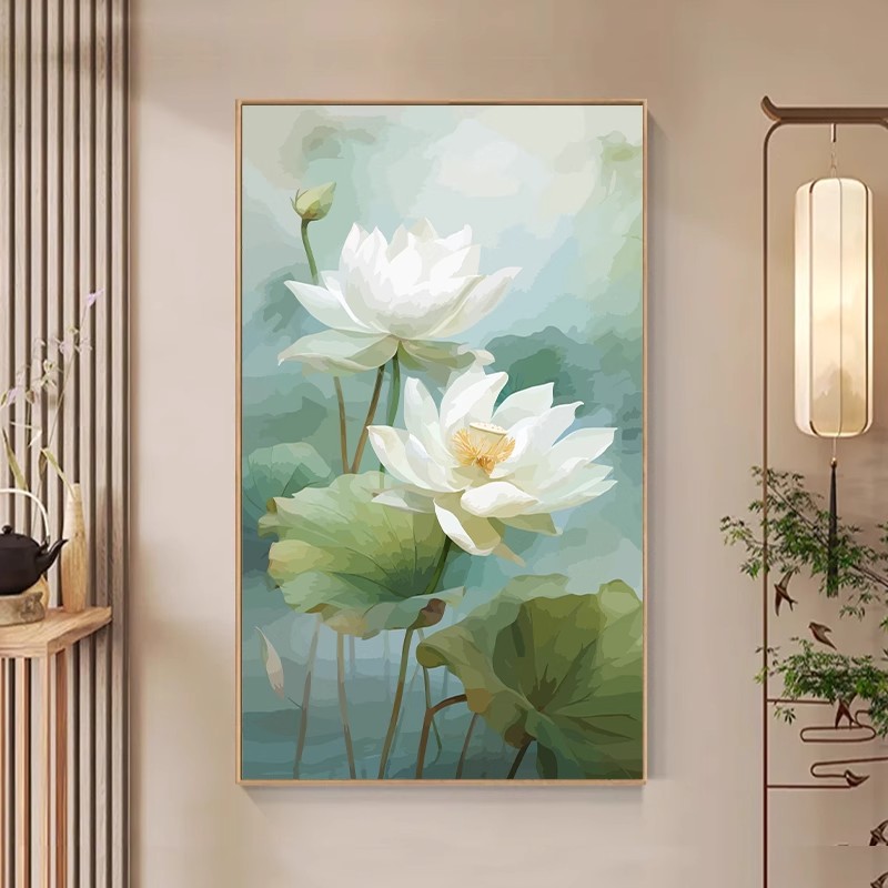 好运莲莲荷花卉装饰画仿油画水彩风景新中式国风唯美卧室客厅挂画图片