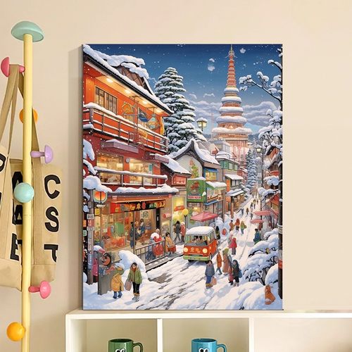 雪后集市装饰画成品仿油画风景建筑温馨唯美治愈系卧室客厅摆挂画