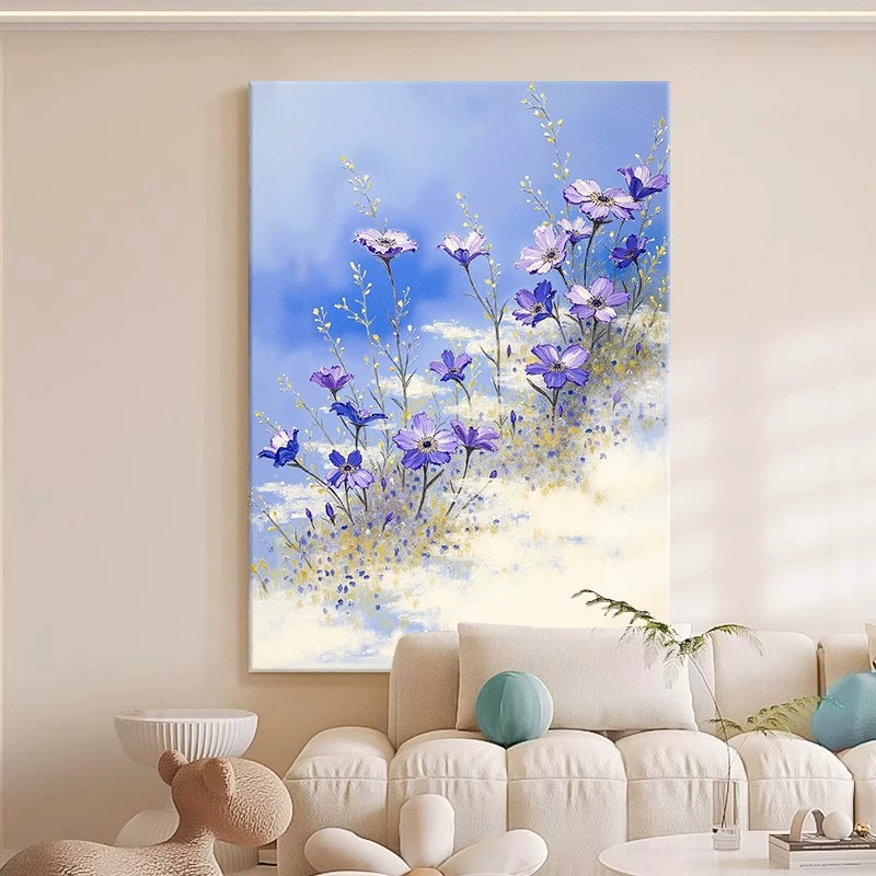 奶油风小清新紫色花丛装饰画仿油画风景小众高级感卧室客厅摆挂画