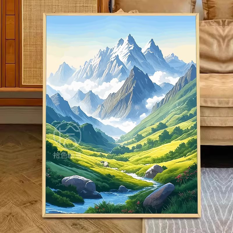 雪山远山成品装饰画仿油画风景唯美治愈系日照金山卧室客厅摆挂画