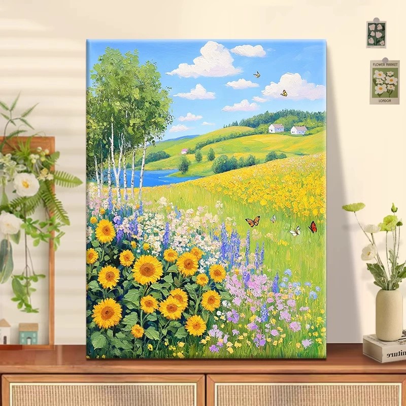 春暖花开装饰画仿油画风景小清新天悦花海唯美治愈卧室客厅摆挂画