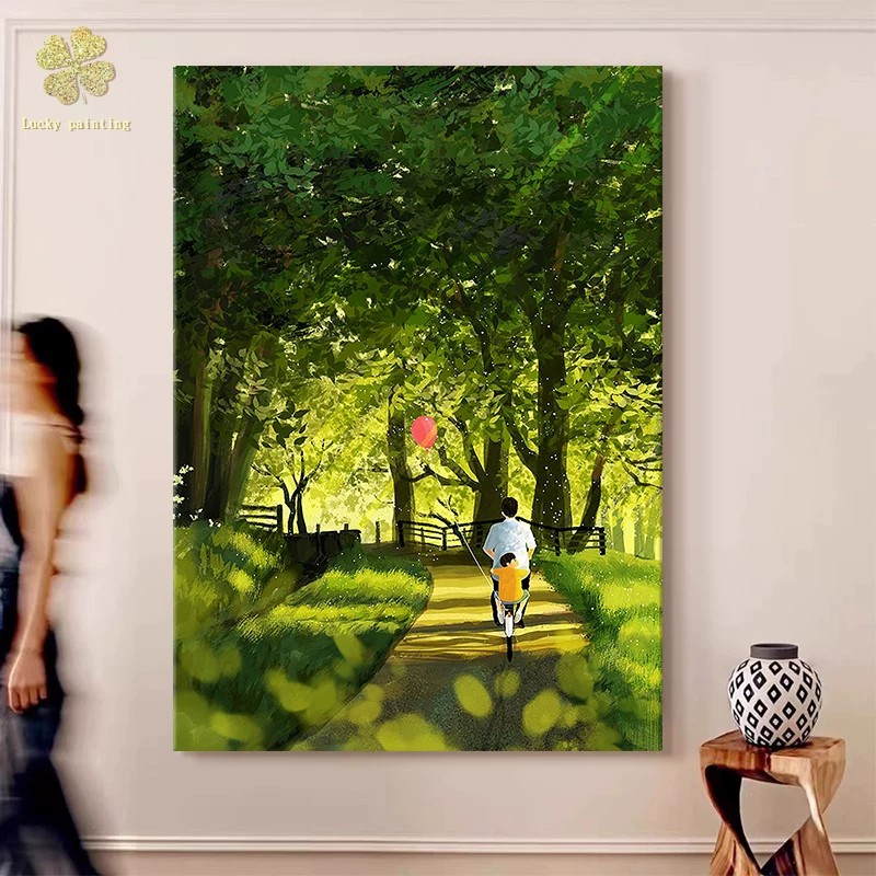 背影卡通人物装饰画仿油画风景父子温馨治愈氛围感卧室客厅摆挂画